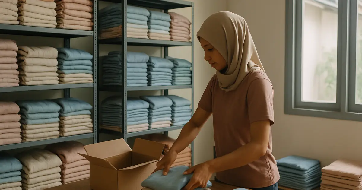 Pemilik usaha mengemas pakaian wanita di gudang konveksi kecil dengan rak baju di latar belakang