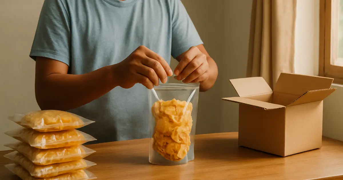 Pelaku usaha snack rumahan sedang mengemas keripik ke dalam kemasan plastik di atas meja kayu