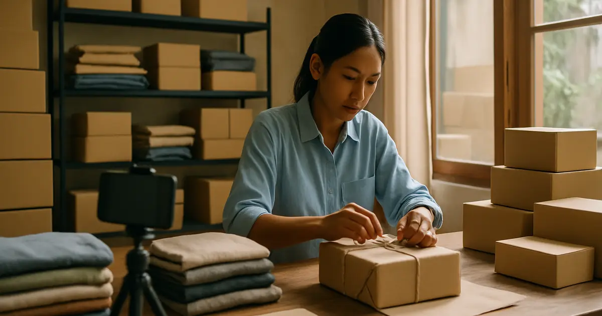 Pemilik usaha kecil merekam video stok barang di gudang rumah sambil mengemas paket